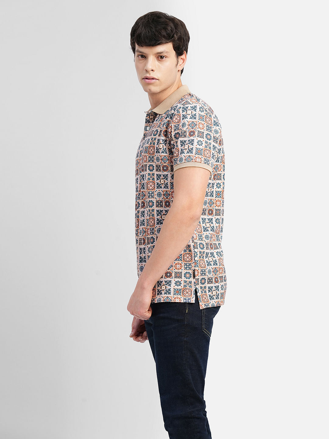 Brown Motif Print Polo T-shirt