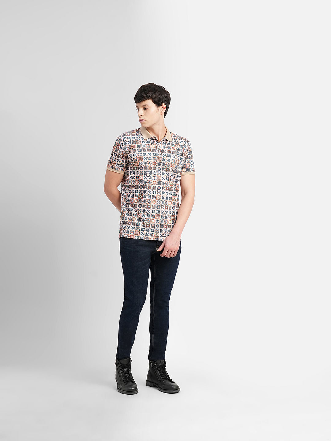 Brown Motif Print Polo T-shirt