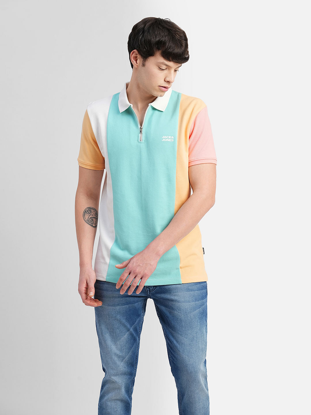 Blue Colourblocked Polo Neck T-shirt