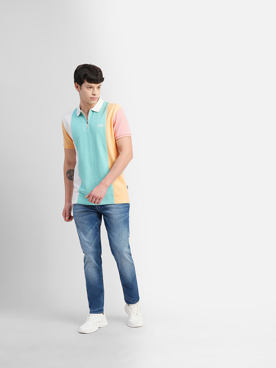Blue Colourblocked Polo Neck T-shirt