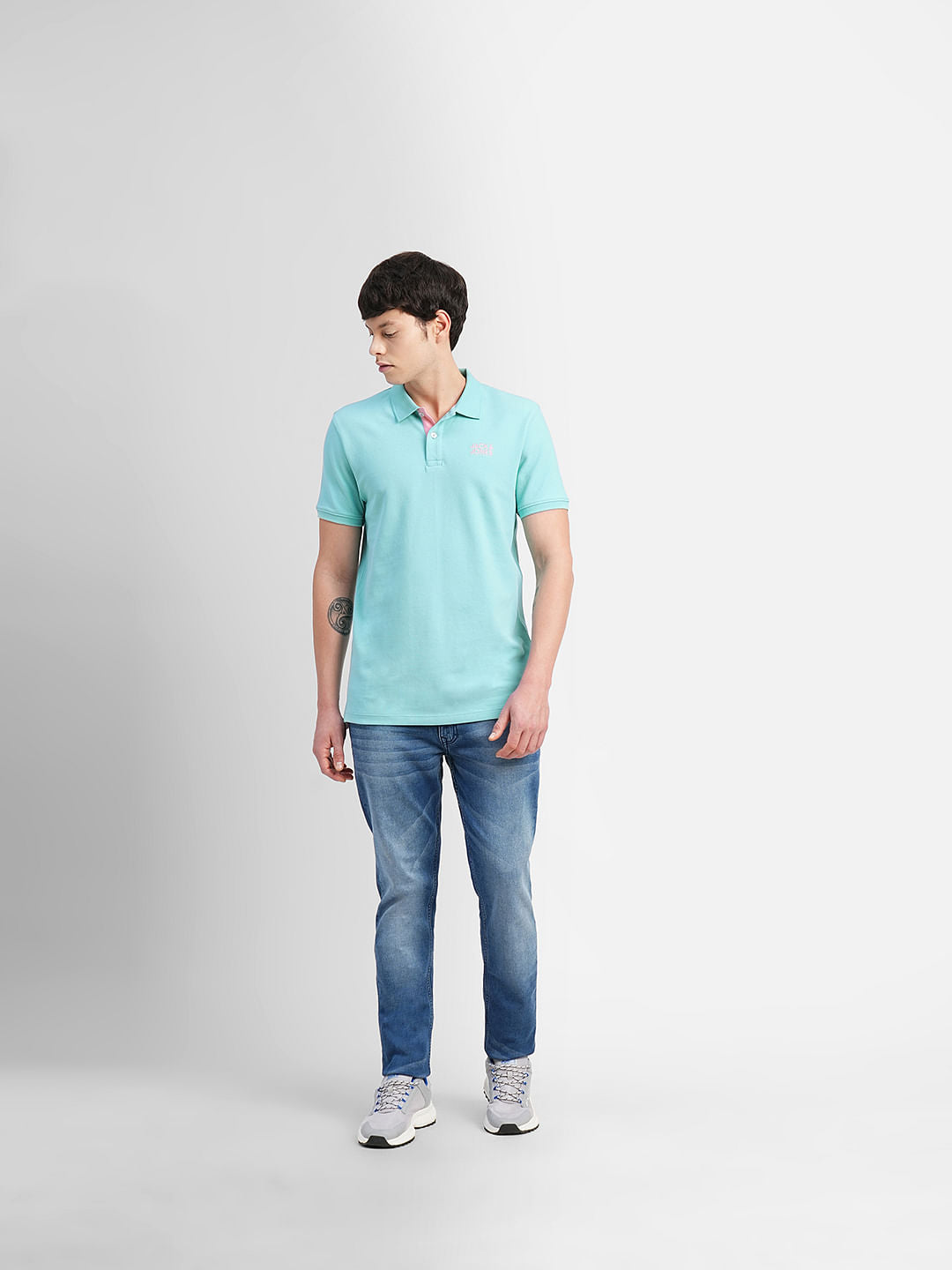 Blue Logo Print Polo Neck T-shirt