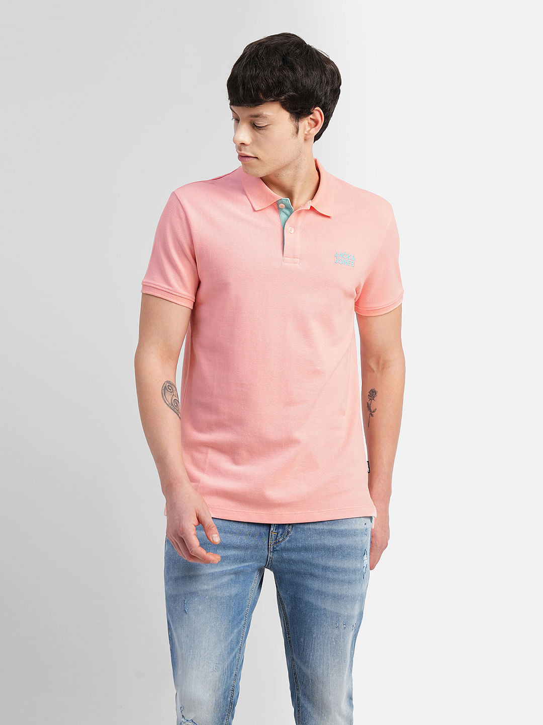 Pink Logo Print Polo Neck T-shirt