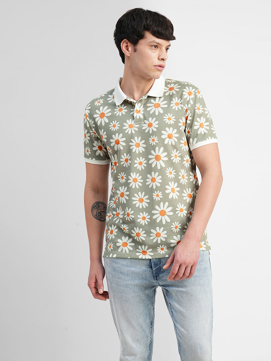 White Floral Print Polo Neck T-shirt