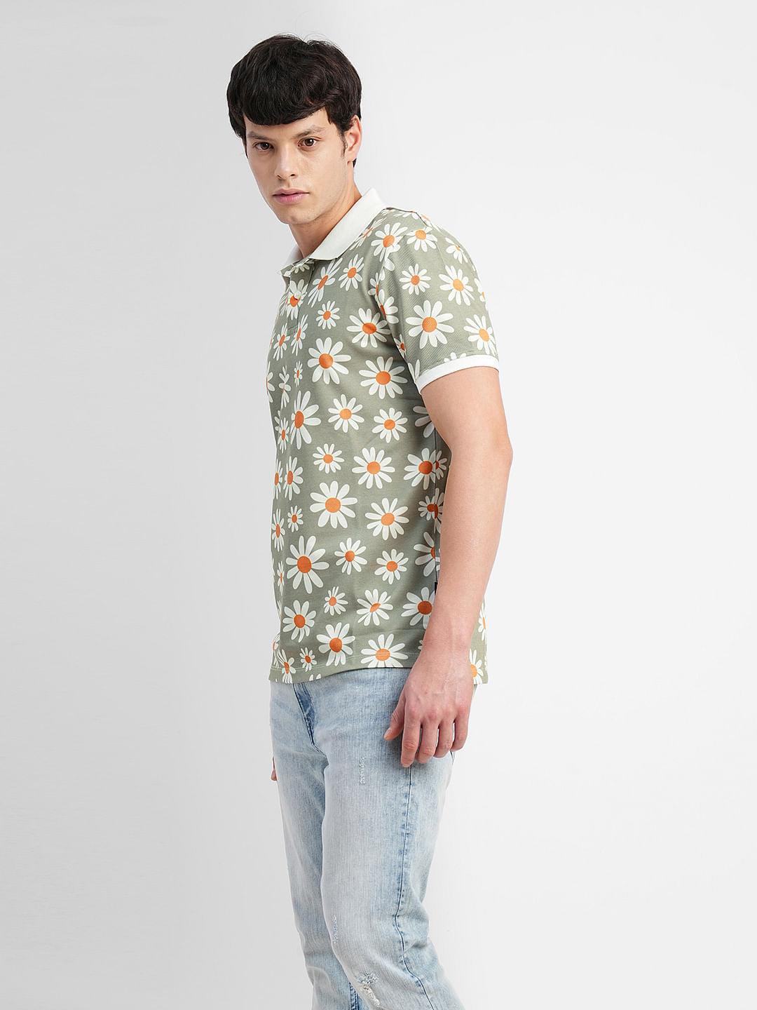 White Floral Print Polo Neck T-shirt