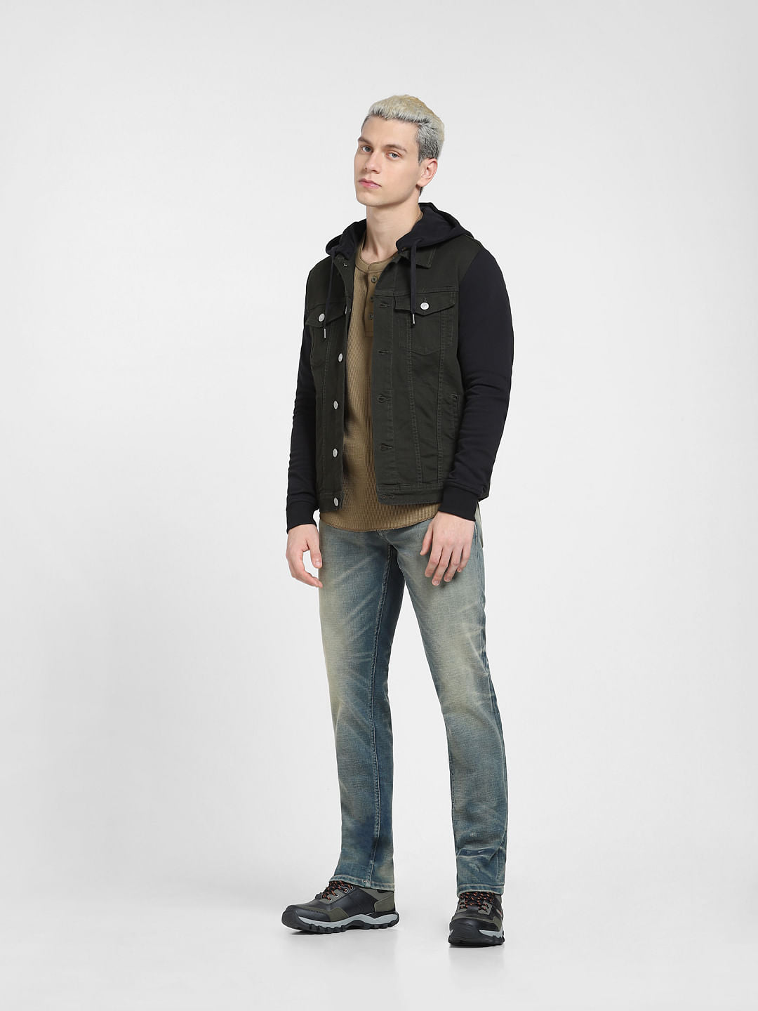 Green Colourblocked Denim Jacket