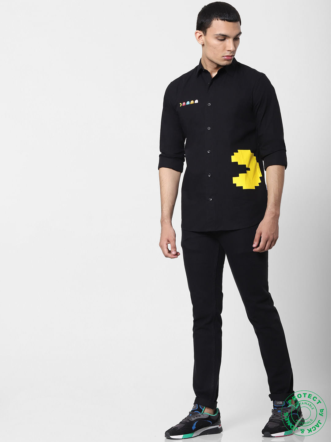 X PAC-MAN Black Graphic Print Full Sleeves Shirt