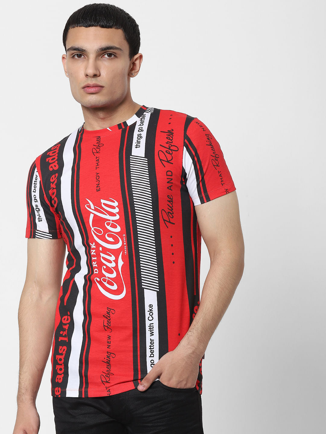 COCA COLA Red Striped Logo Print Crew Neck T-shirt