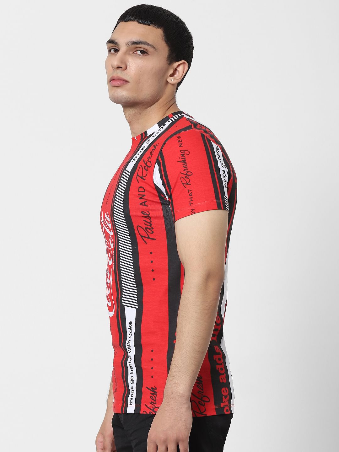 COCA COLA Red Striped Logo Print Crew Neck T-shirt