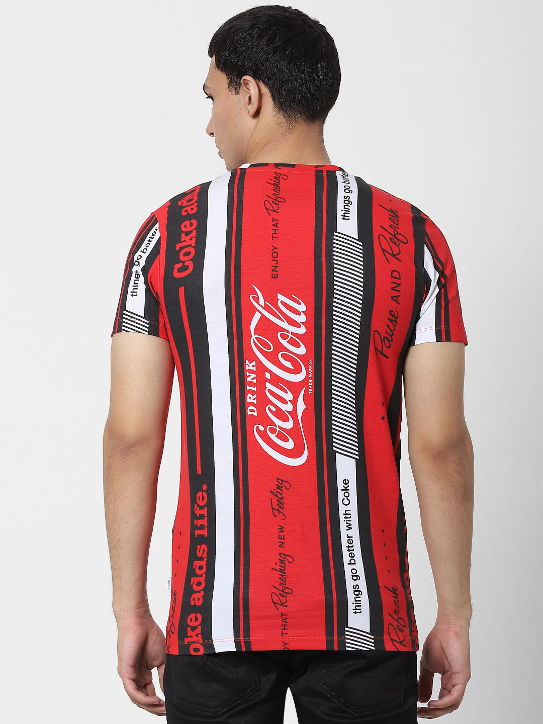 COCA COLA Red Striped Logo Print Crew Neck T-shirt