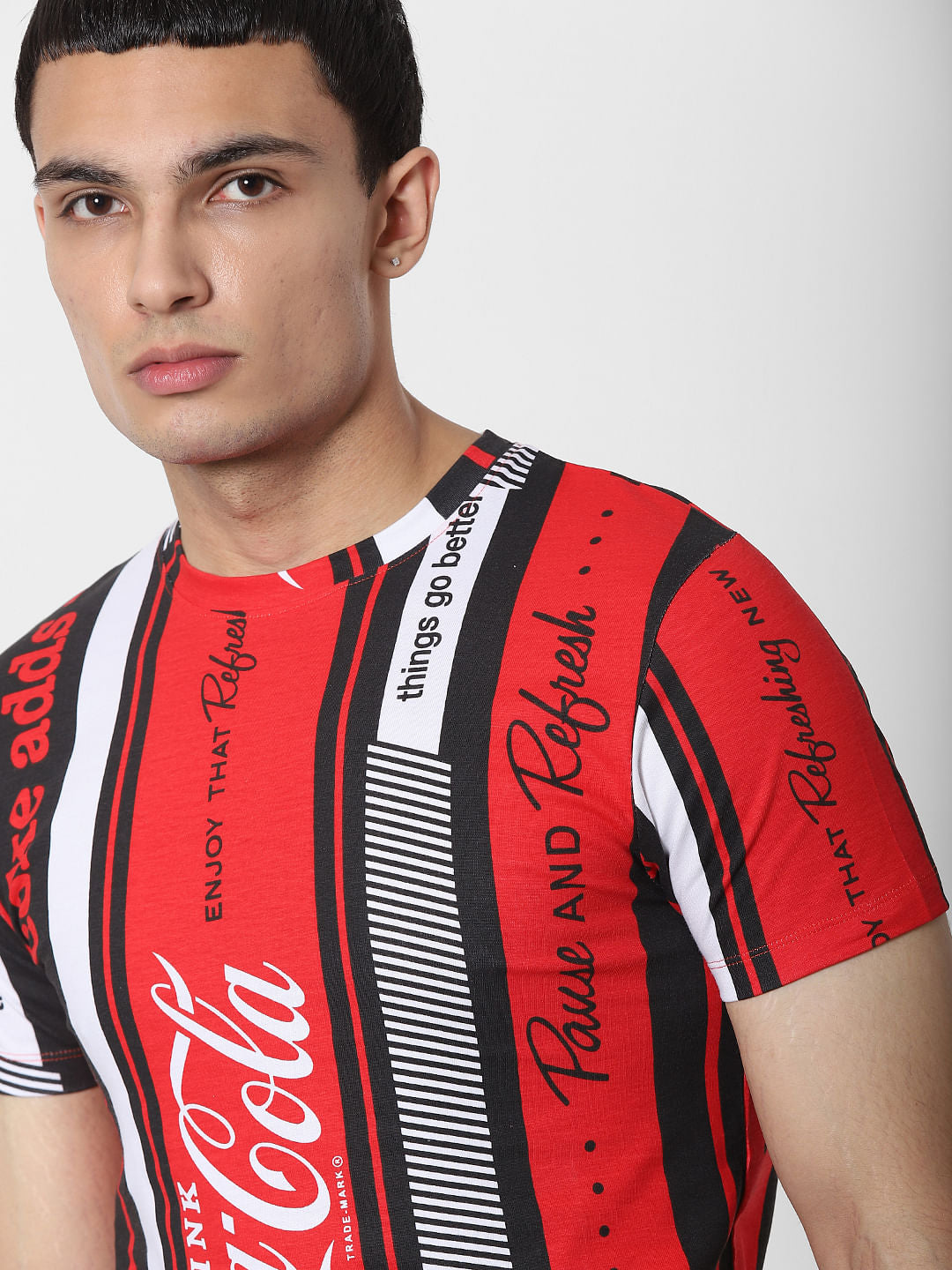 COCA COLA Red Striped Logo Print Crew Neck T-shirt