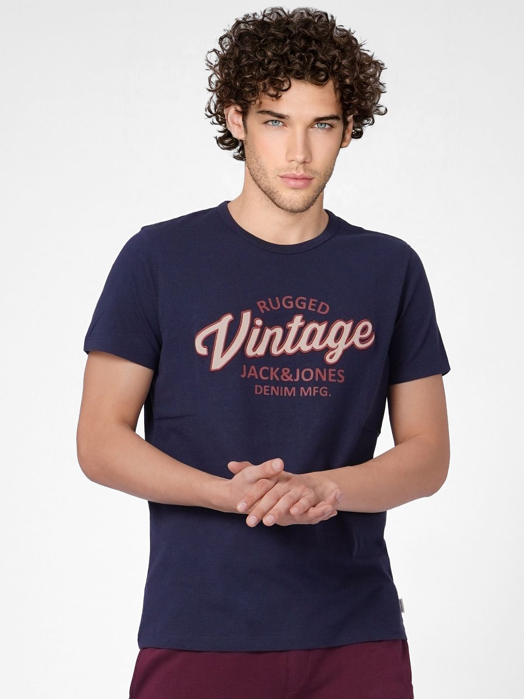 Navy Blue Logo Print Crew Neck T-shirt