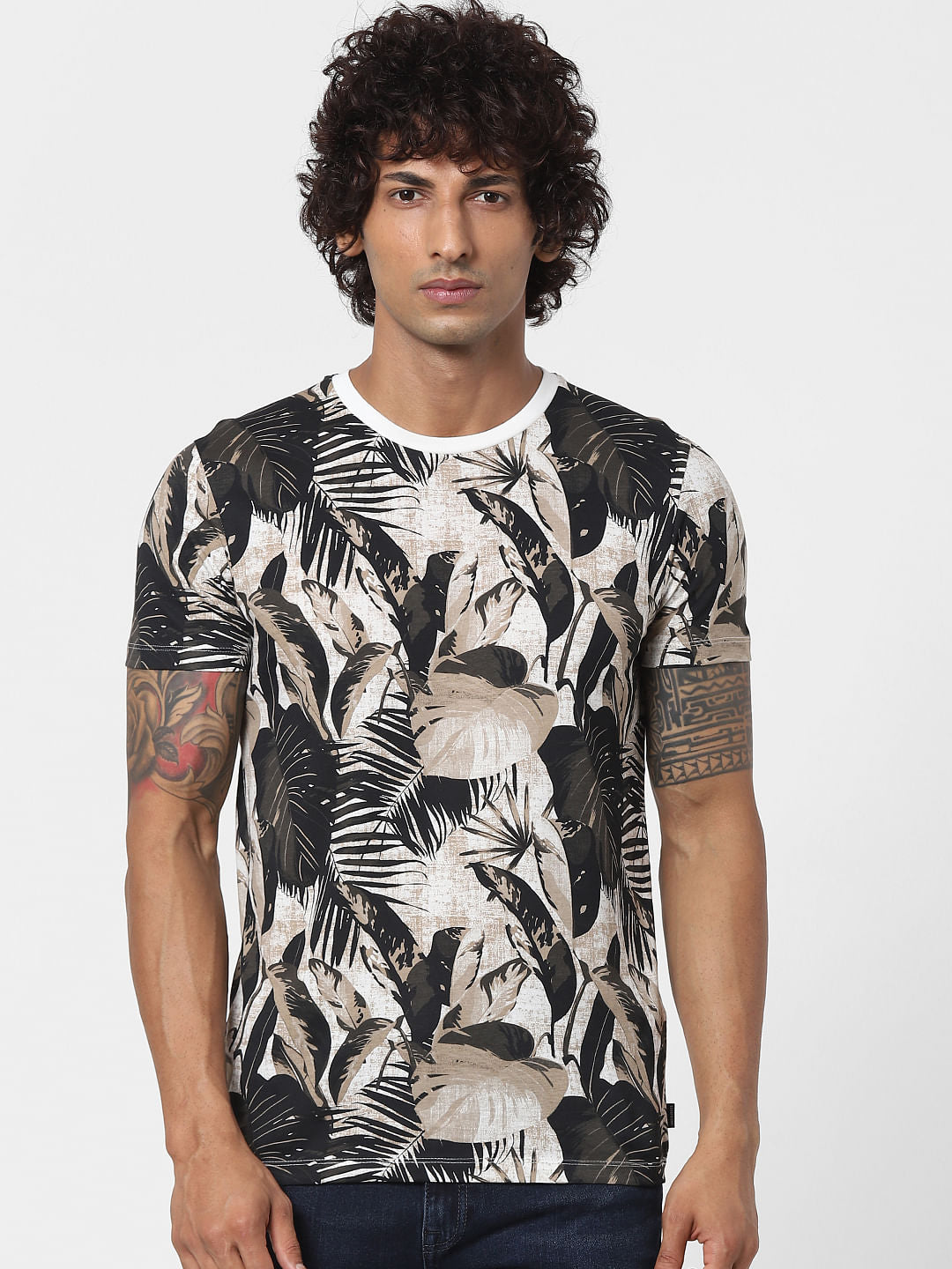Dark Green Tropical Print Crew neck T-shirt