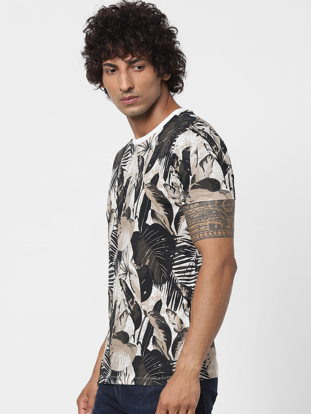 Dark Green Tropical Print Crew neck T-shirt
