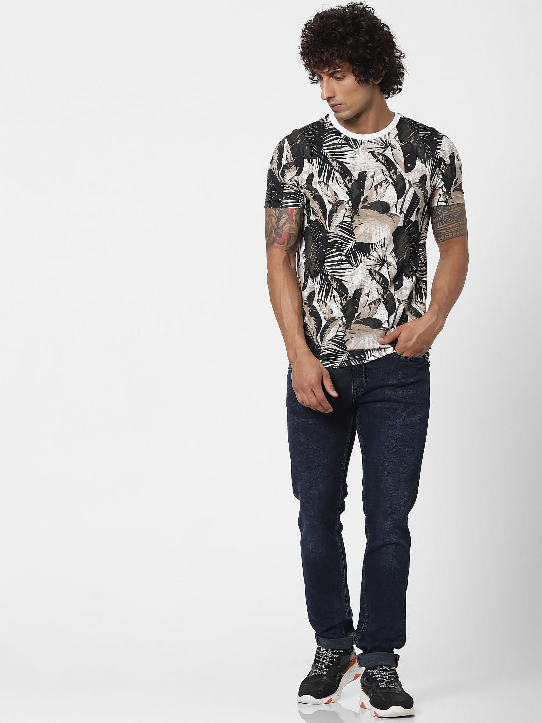 Dark Green Tropical Print Crew neck T-shirt