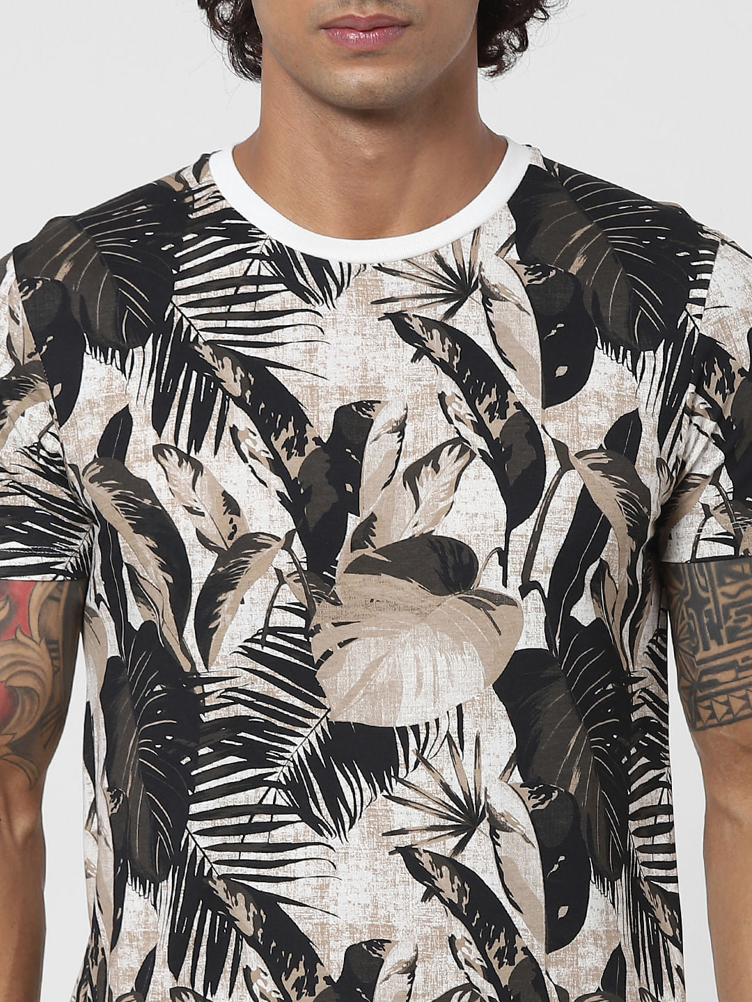 Dark Green Tropical Print Crew neck T-shirt