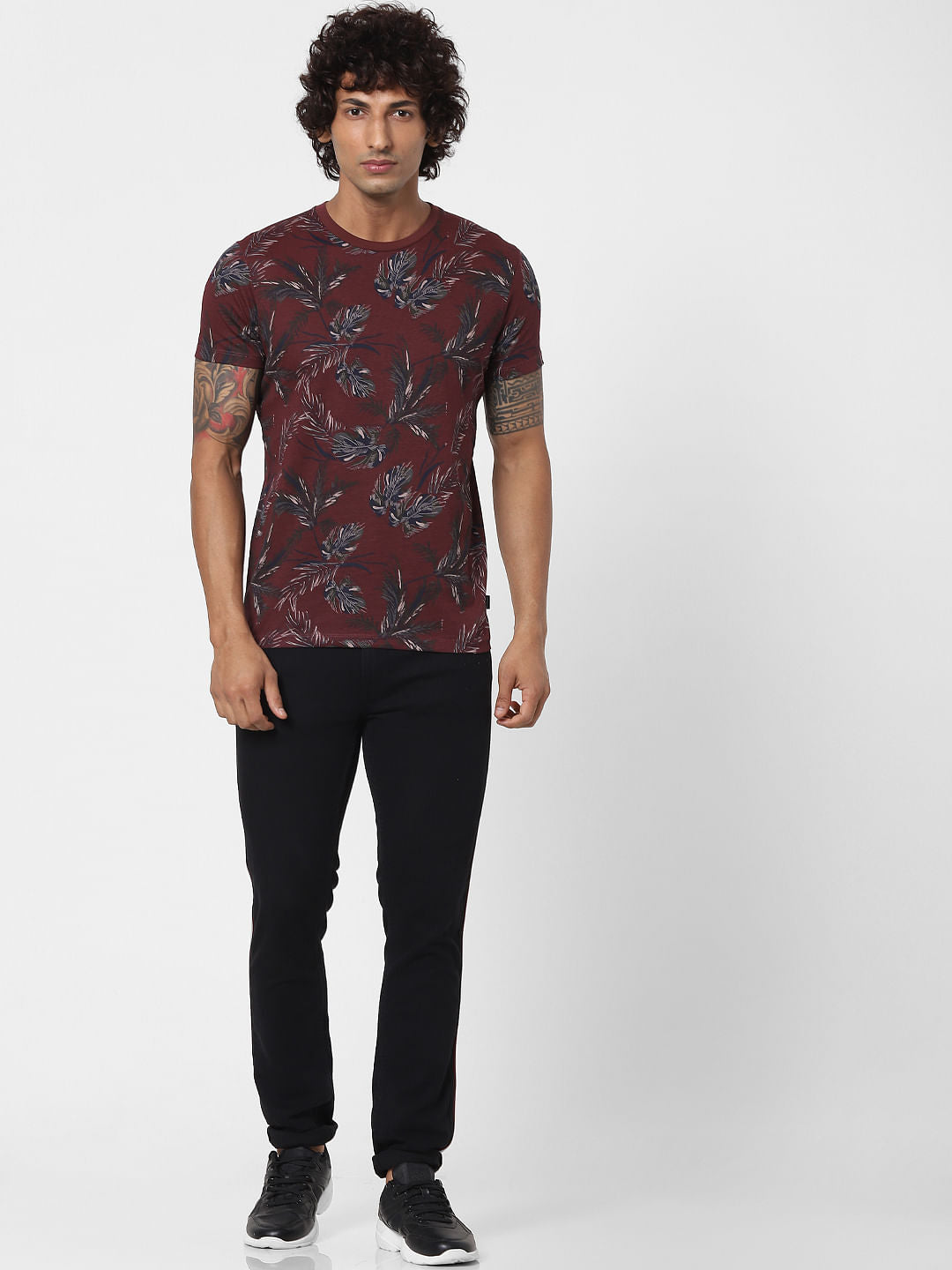 Red Tropical Print Crew neck T-shirt