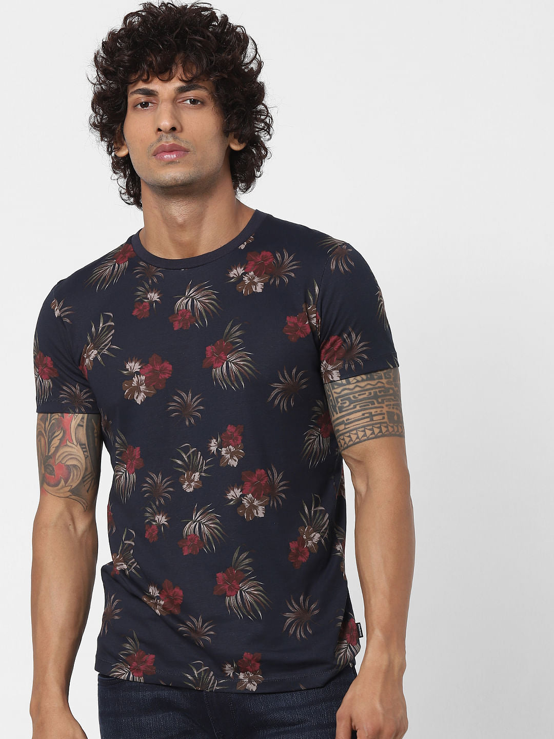 Blue Tropical Print Crew neck T-shirt