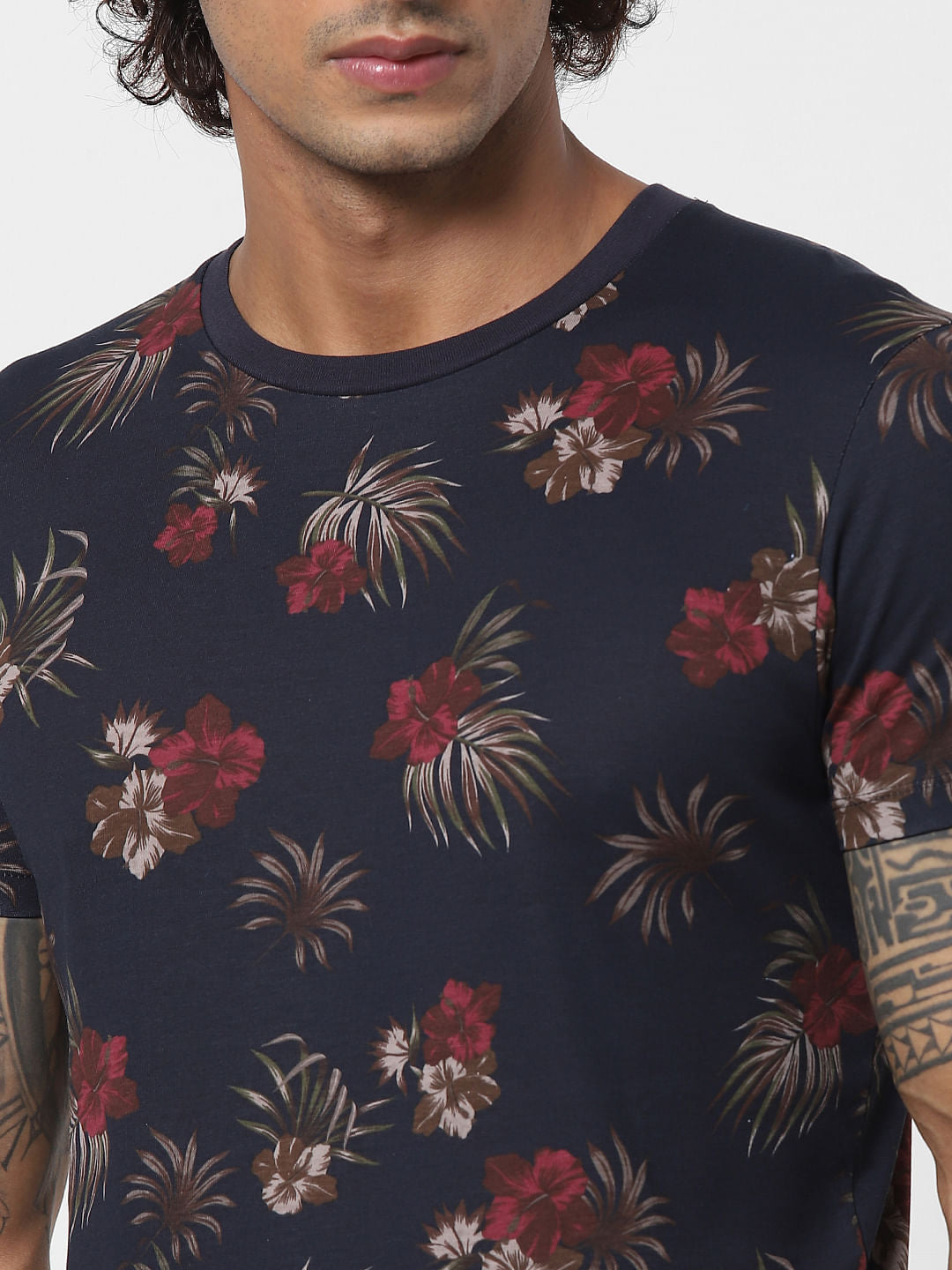 Blue Tropical Print Crew neck T-shirt
