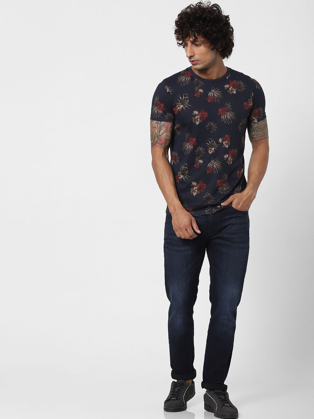Blue Tropical Print Crew neck T-shirt