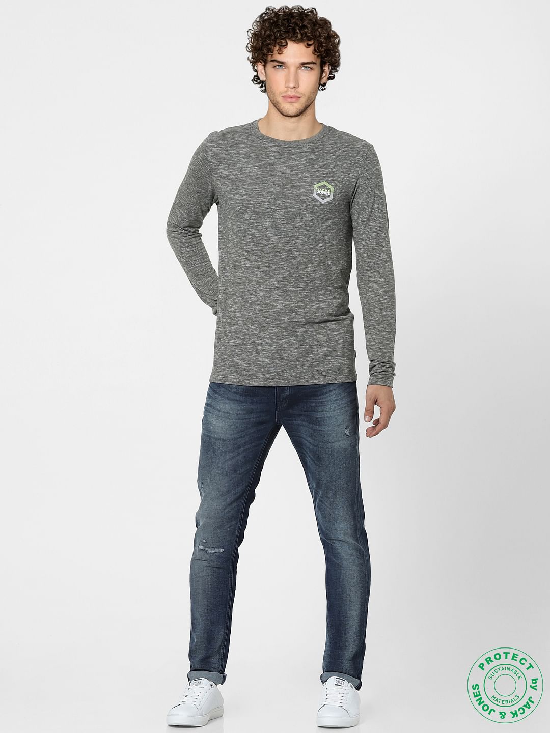 Grey Logo Print Full Sleeves T-shirt