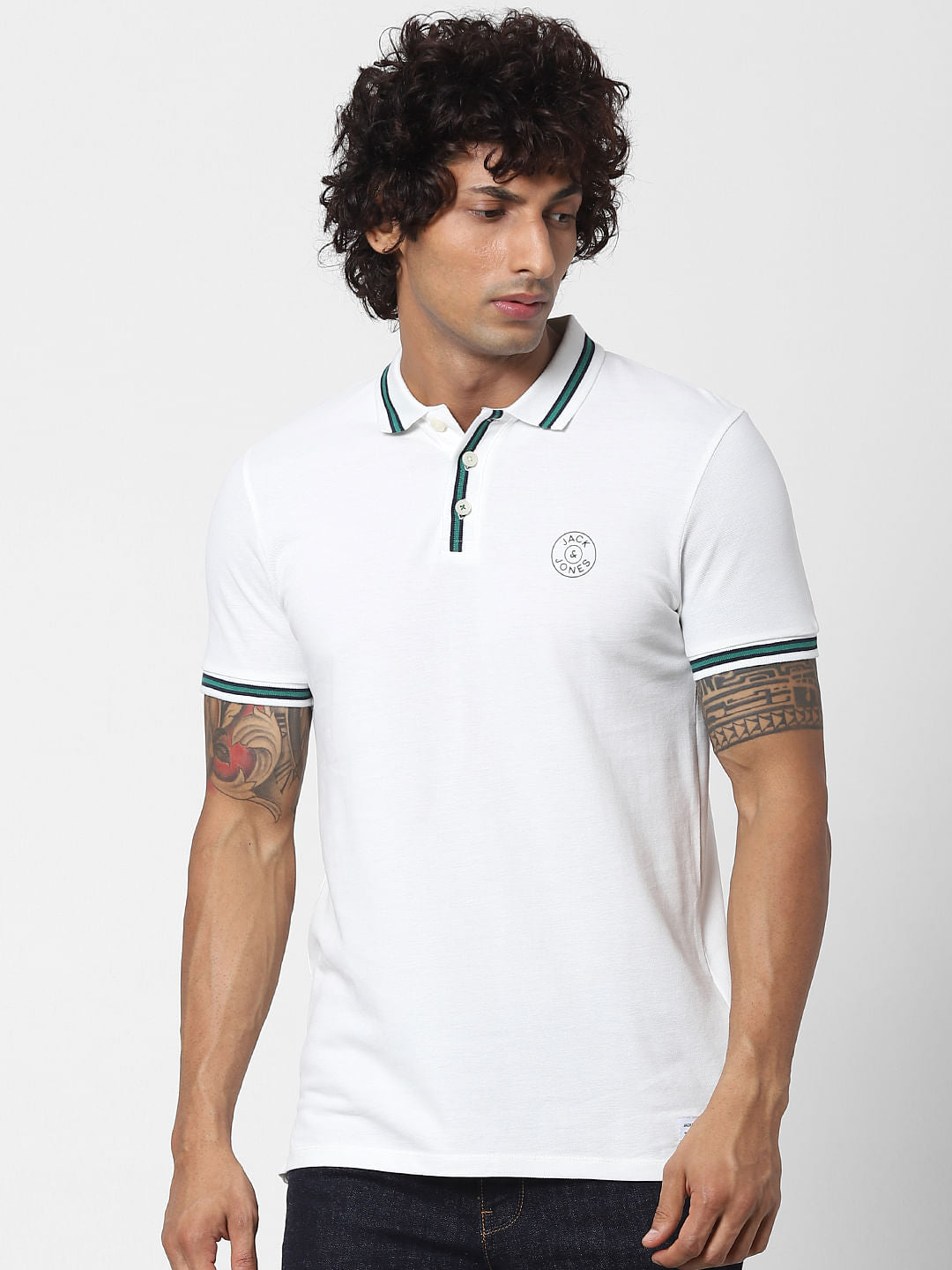 White Contrast Tipping Polo Neck T-shirt