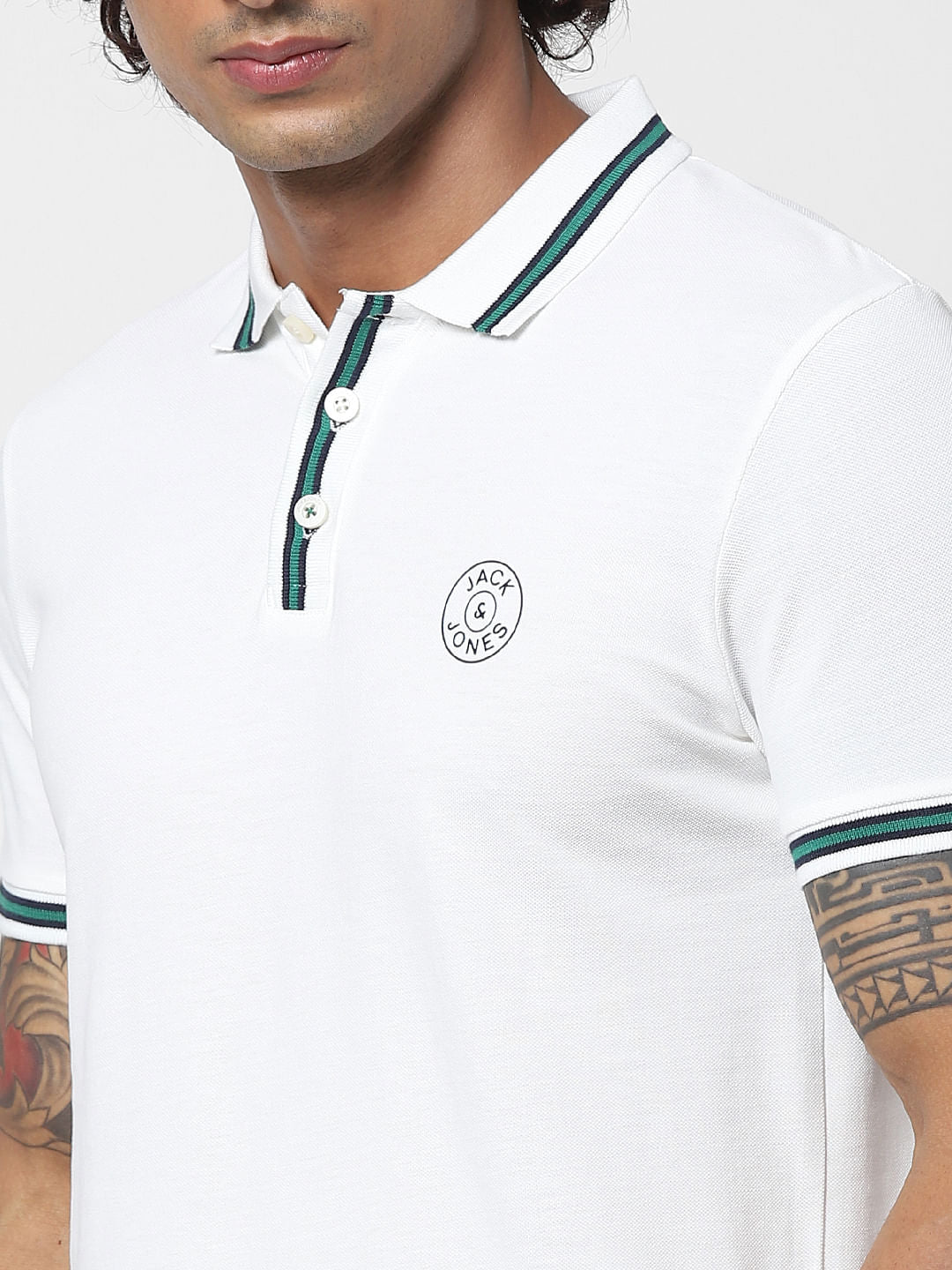White Contrast Tipping Polo Neck T-shirt