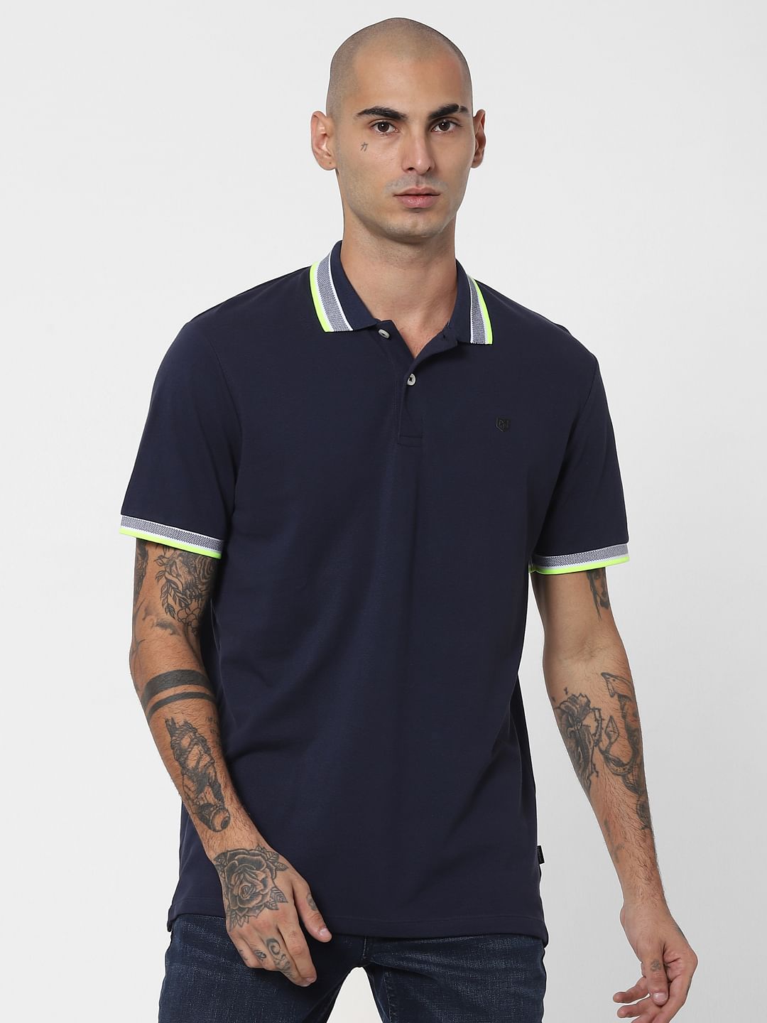 Blue Contrast Tipping Polo Neck T-shirt