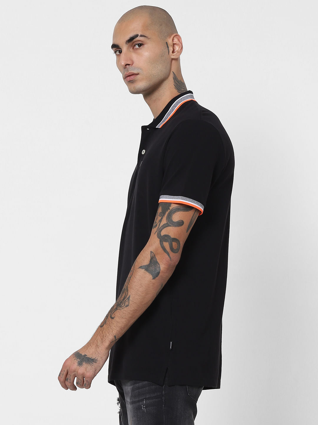 Black Contrast Tipping Polo Neck T-shirt