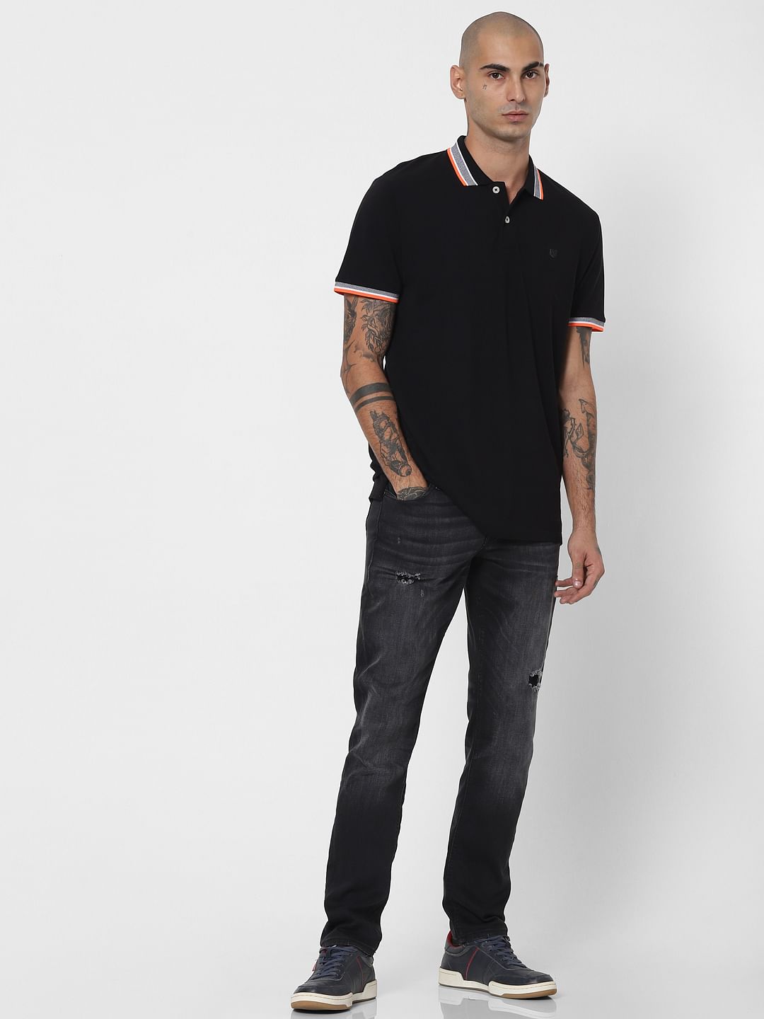 Black Contrast Tipping Polo Neck T-shirt