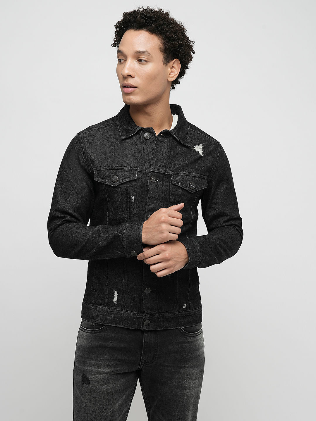PRODUKT by JACK&JONES Black Distressed Cotton Denim Jacket