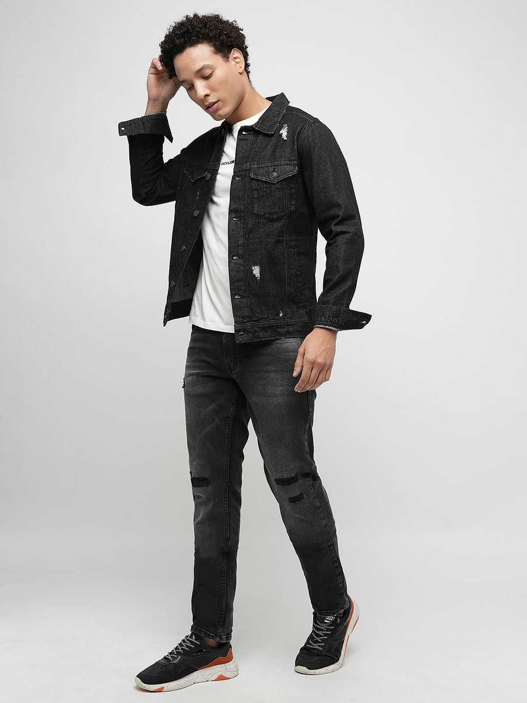 PRODUKT by JACK&JONES Black Distressed Cotton Denim Jacket