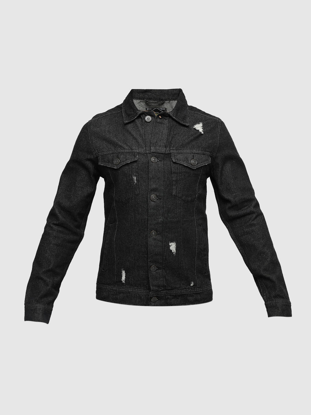 PRODUKT by JACK&JONES Black Distressed Cotton Denim Jacket