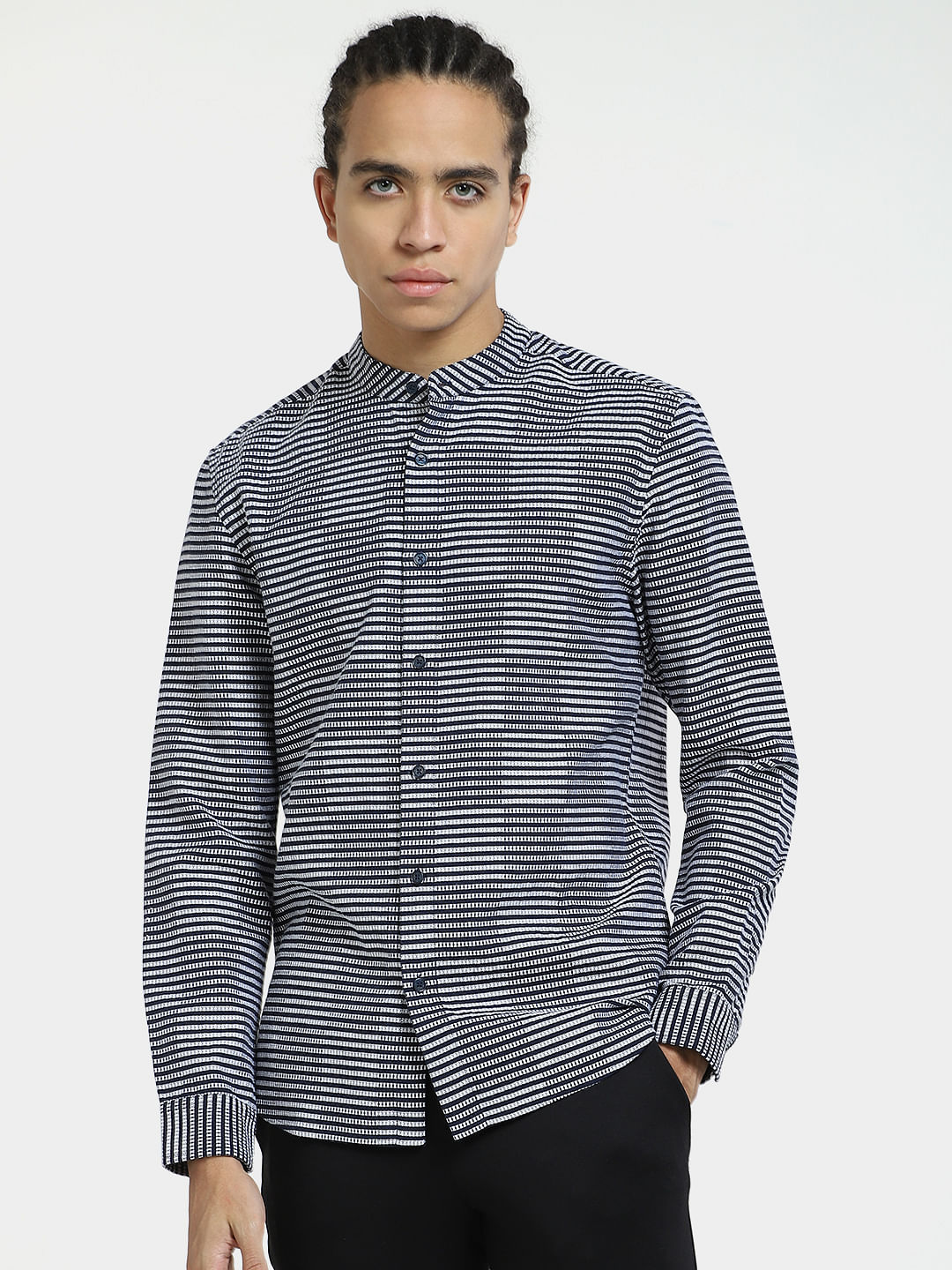 Grey Striped Full Sleeves Shirt