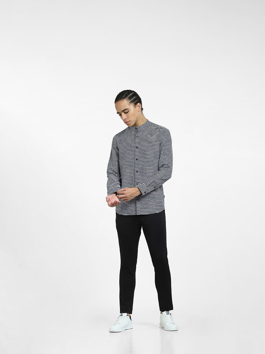 Grey Striped Full Sleeves Shirt