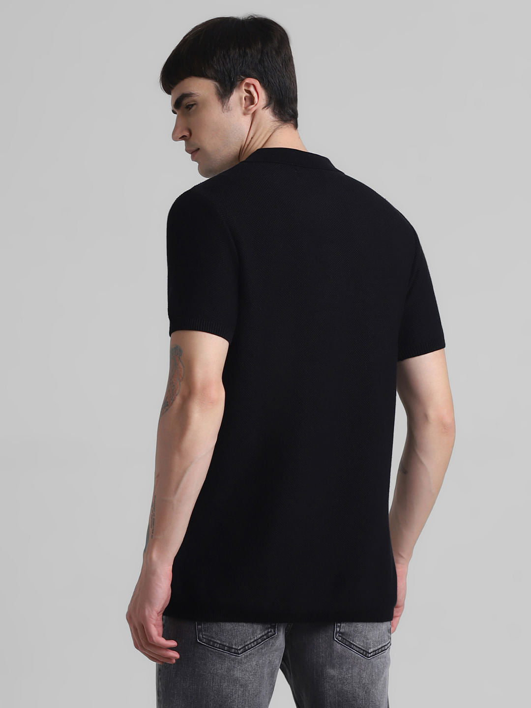 Black Cotton Knit Polo T-shirt
