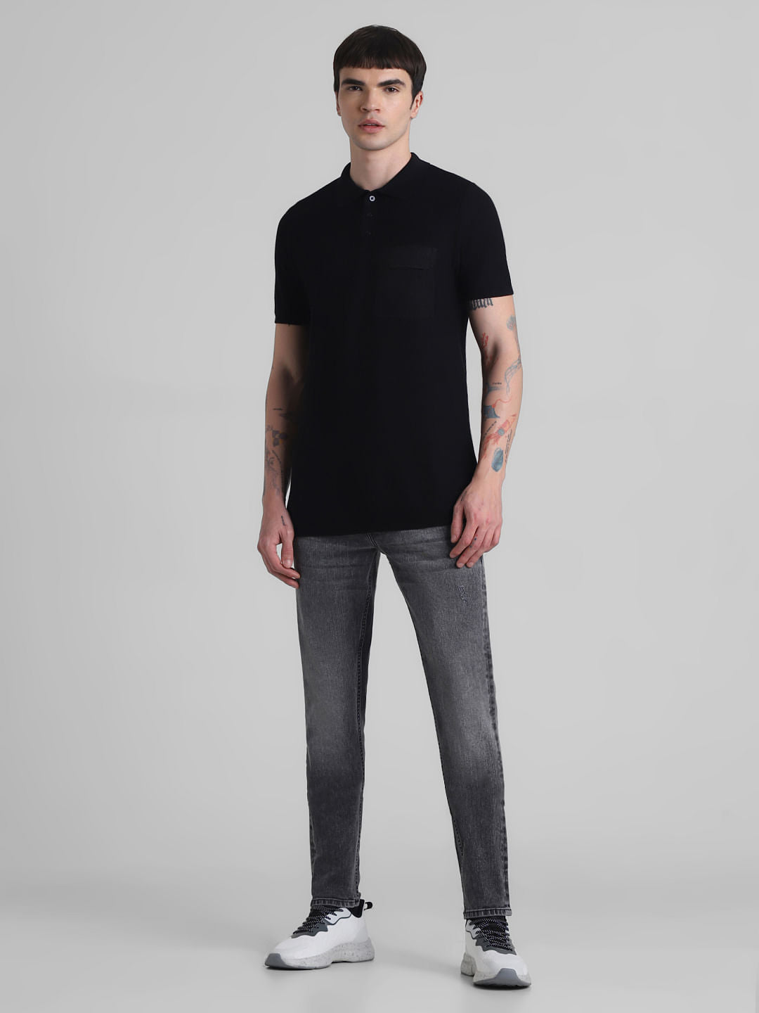 Black Cotton Knit Polo T-shirt