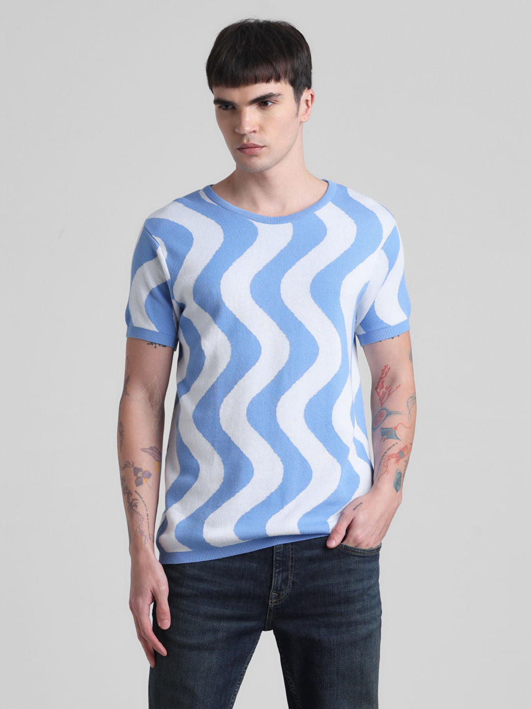 Blue Printed Jacquard Knit T-shirt