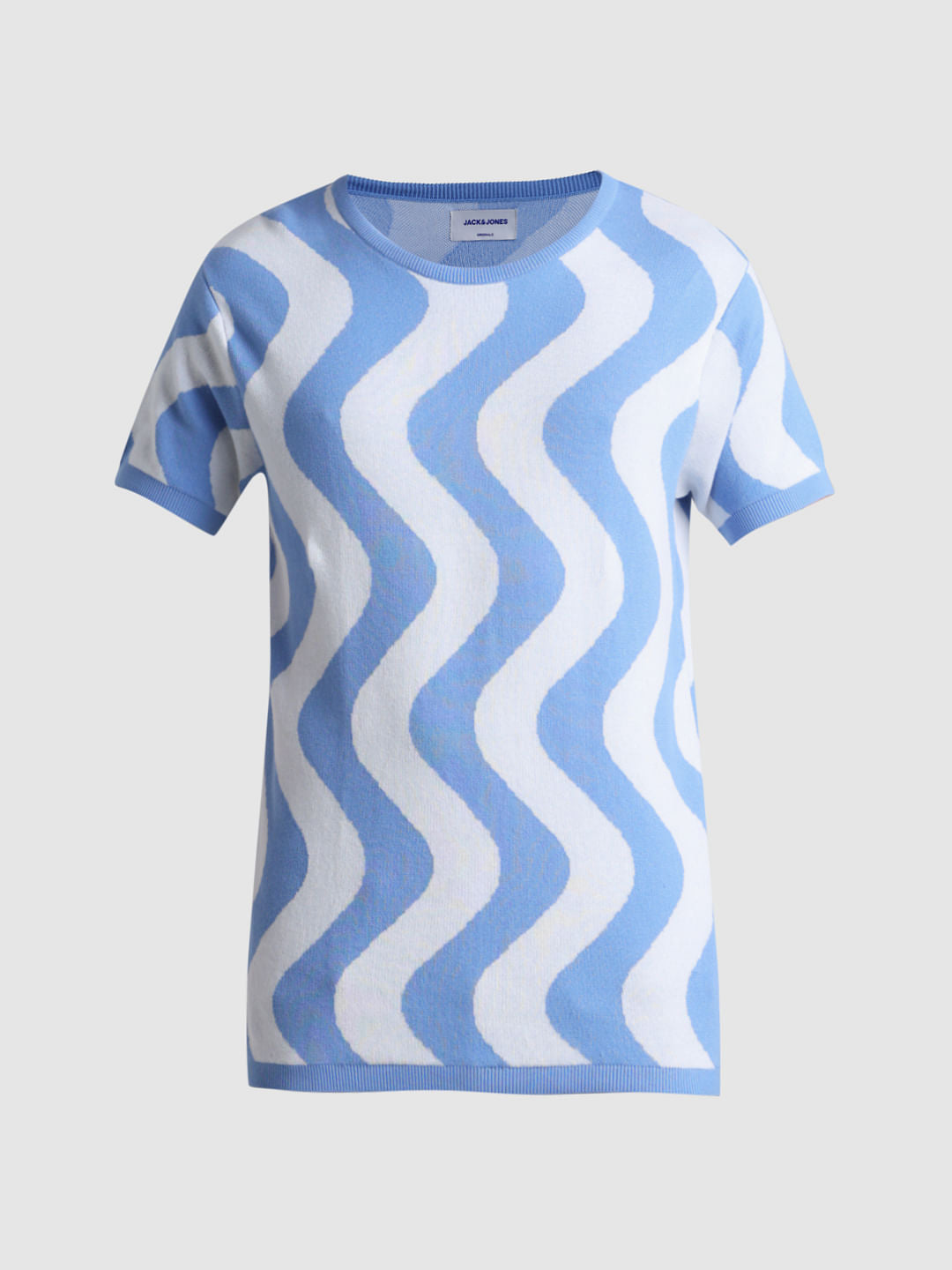 Blue Printed Jacquard Knit T-shirt