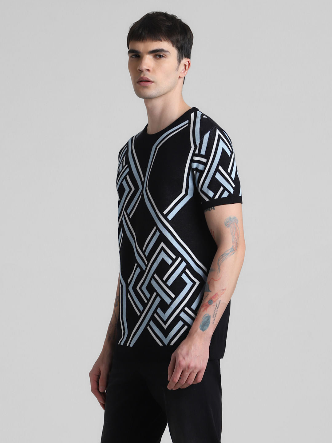 Black Printed Jacquard Knit T-shirt