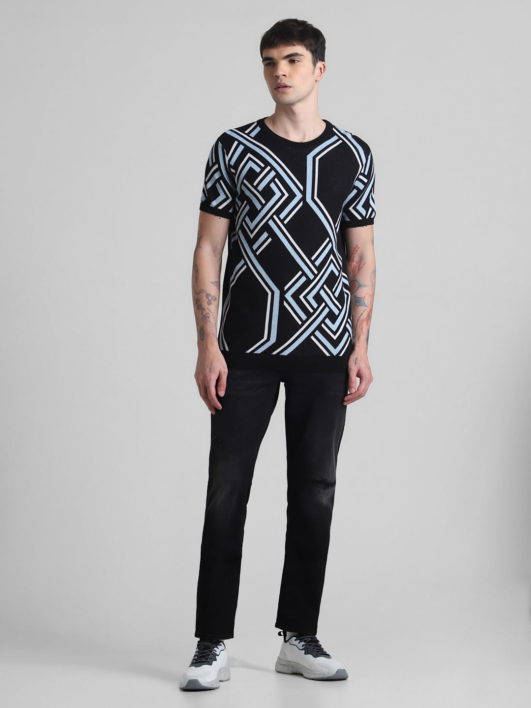 Black Printed Jacquard Knit T-shirt