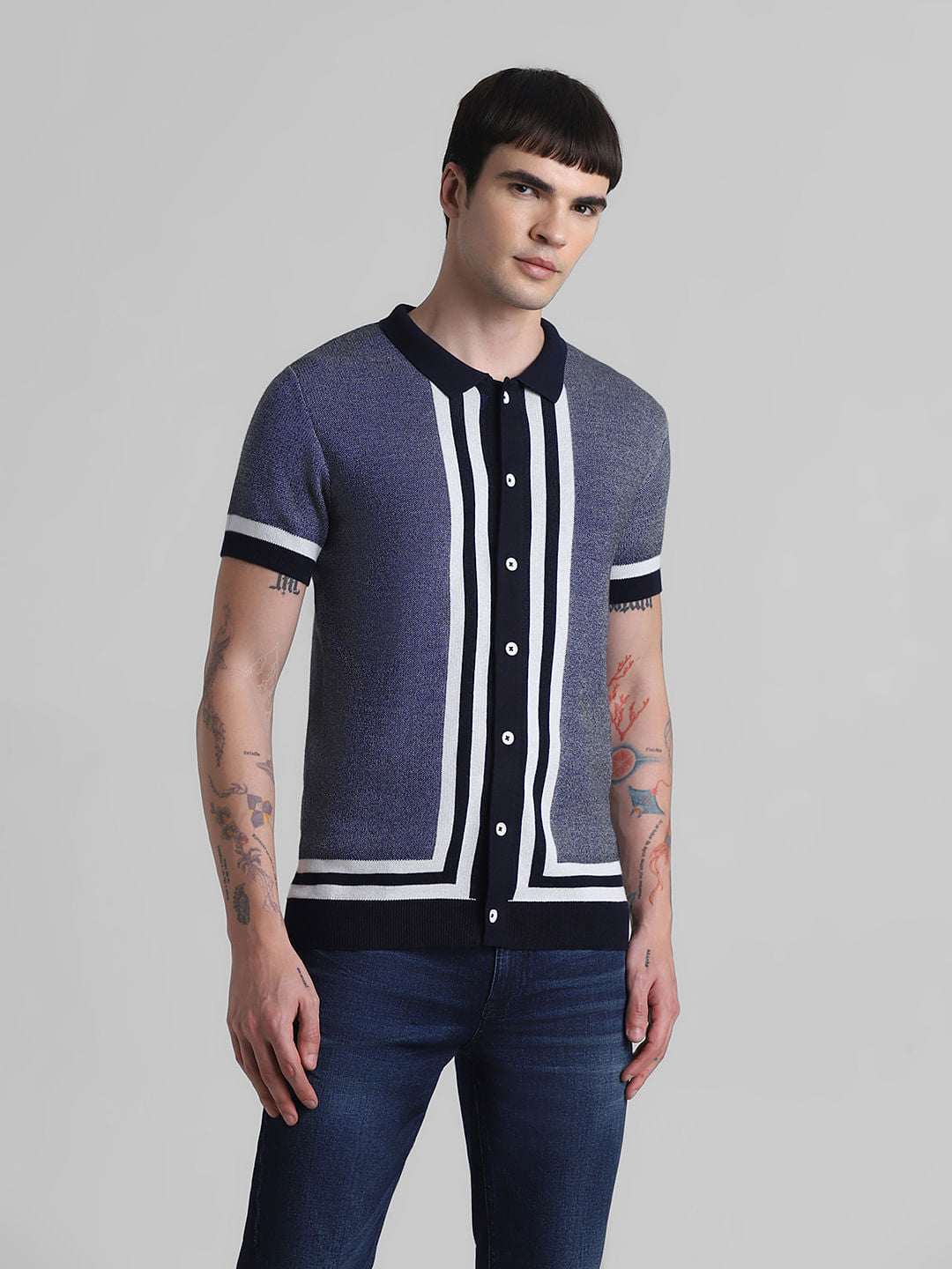 Blue Front Open Knitted Polo