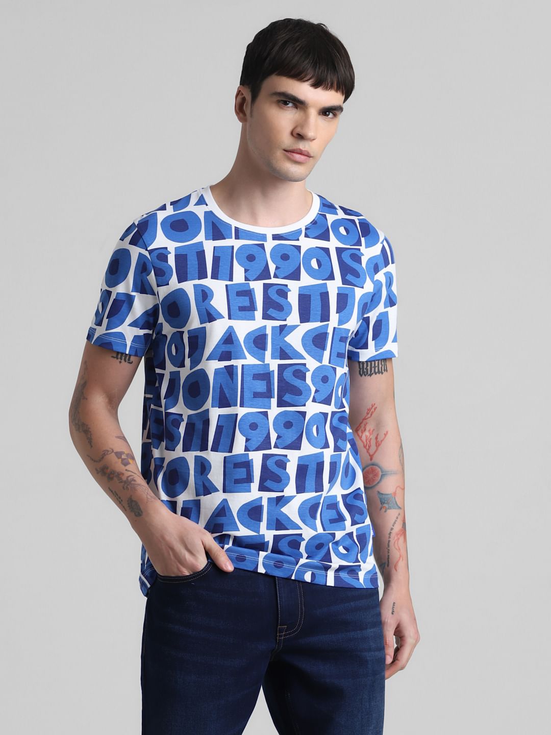 Blue Typographic Print Crew Neck T-shirt