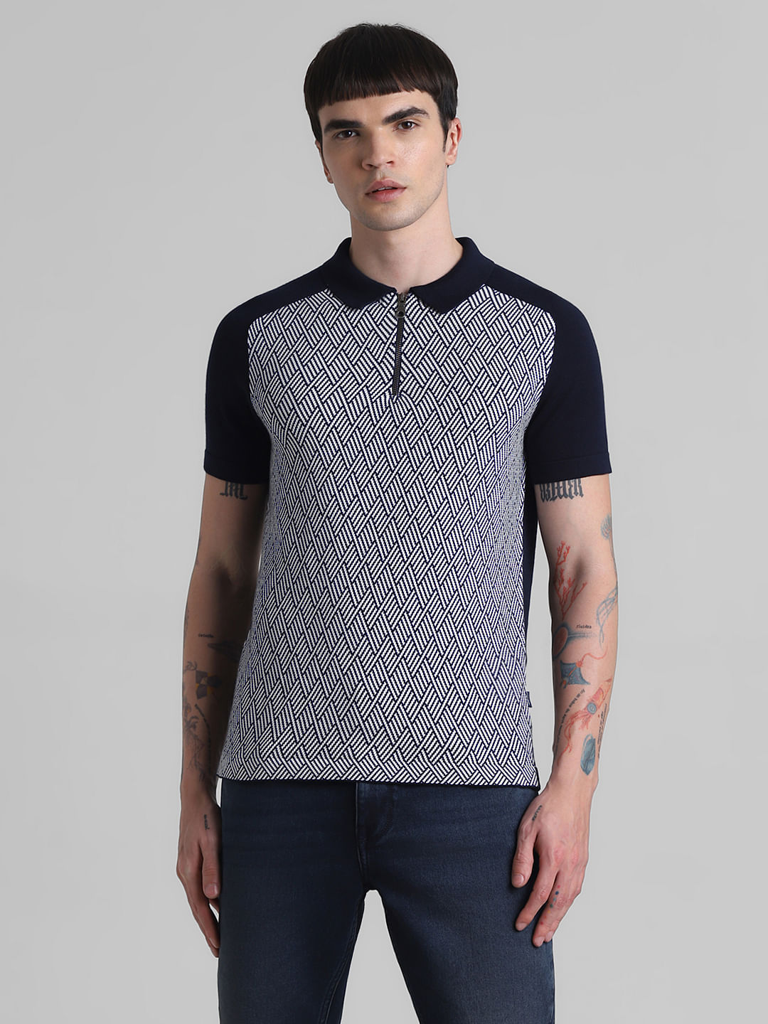 Blue Printed Zip Detail Knitted Polo