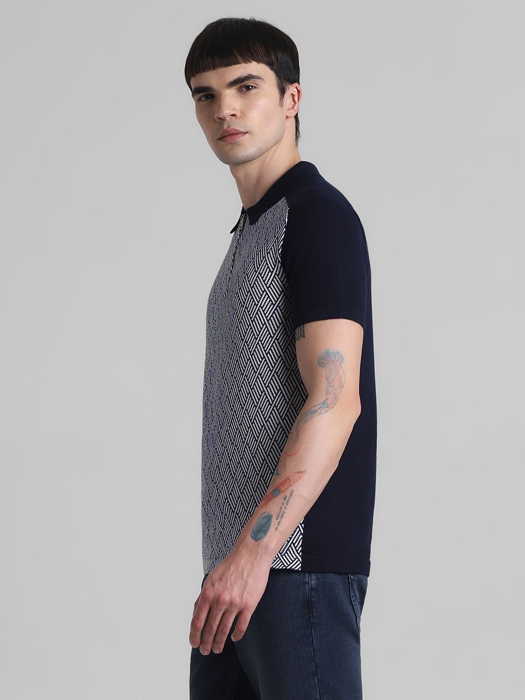 Blue Printed Zip Detail Knitted Polo