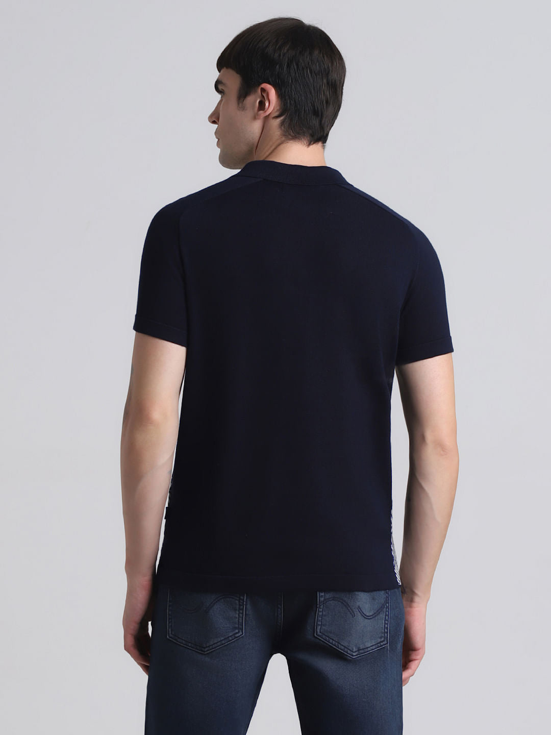 Blue Printed Zip Detail Knitted Polo