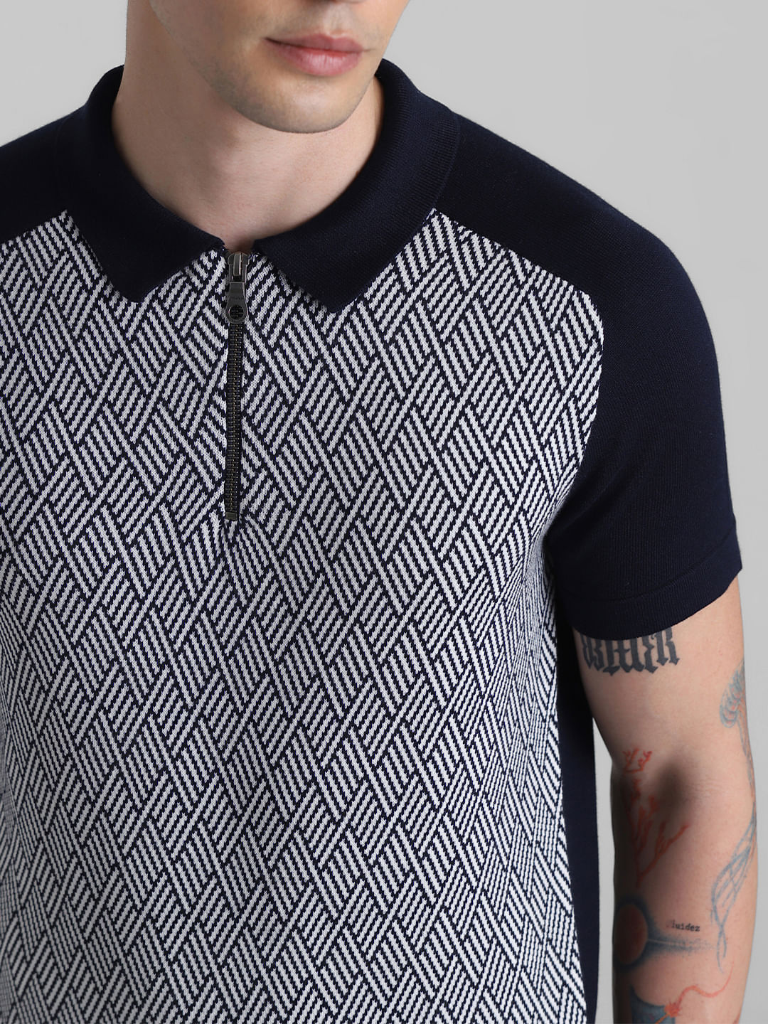 Blue Printed Zip Detail Knitted Polo