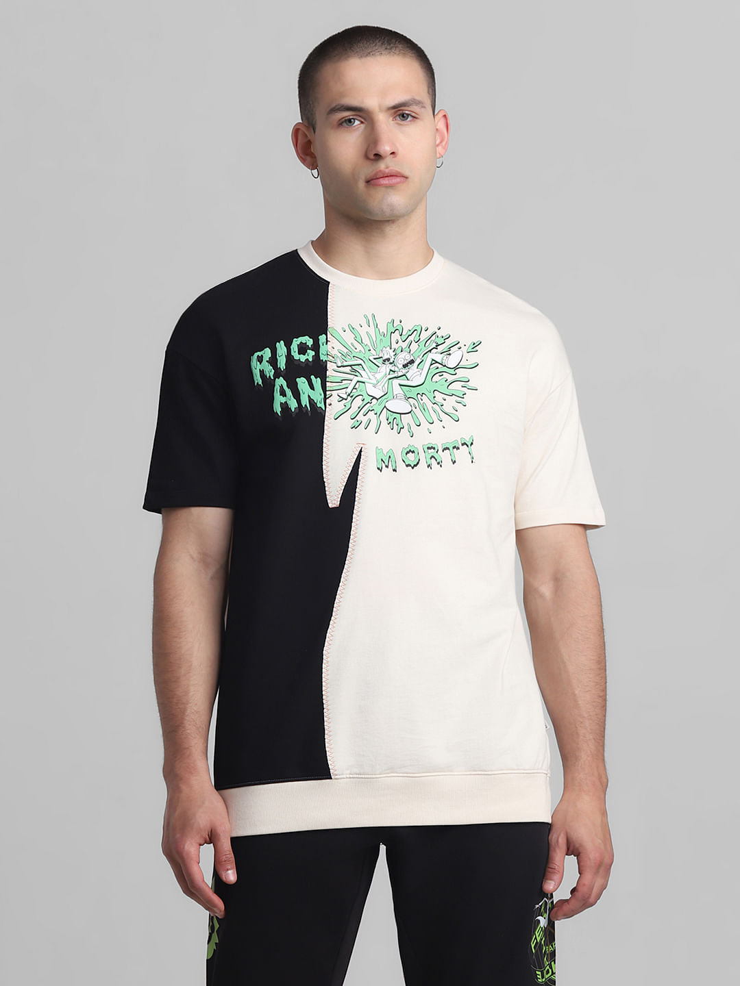 RICK & MORTY Cream Colourblocked Oversized T-shirt