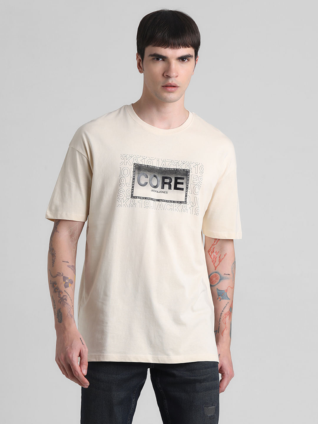 Beige Logo Oversized Crew Neck T-shirt
