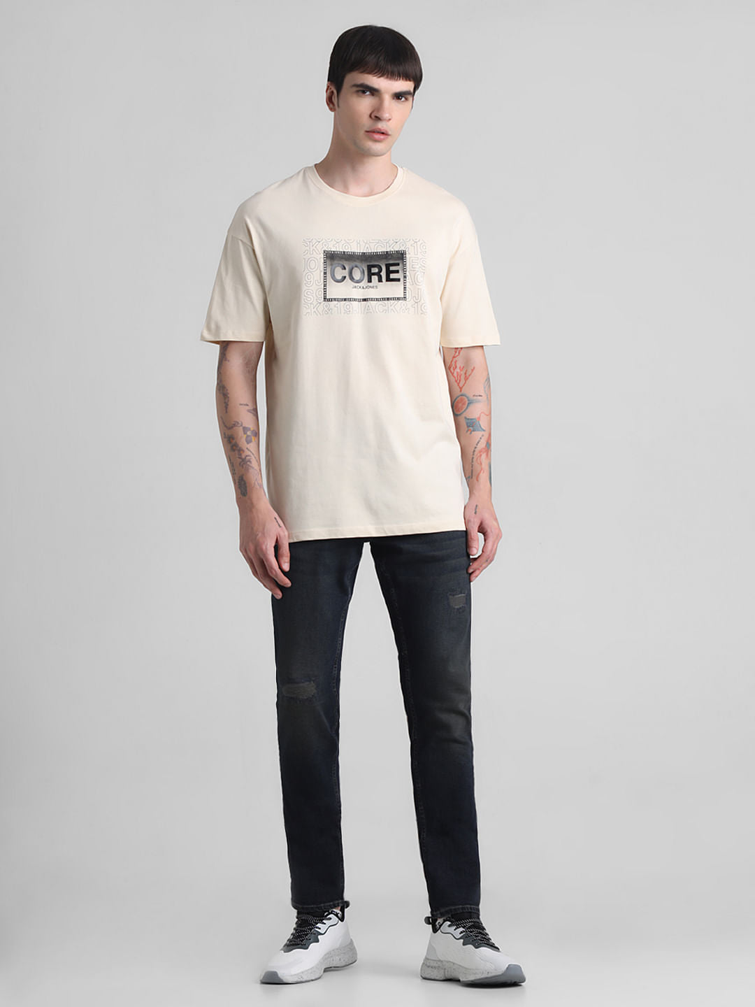 Beige Logo Oversized Crew Neck T-shirt