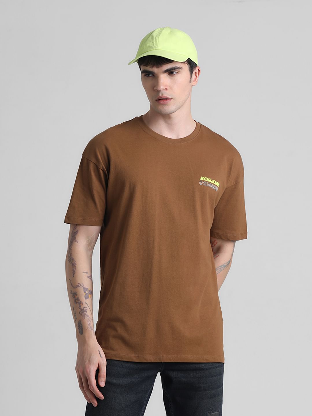 Brown Printed Oversized Crew Neck T-shirt
